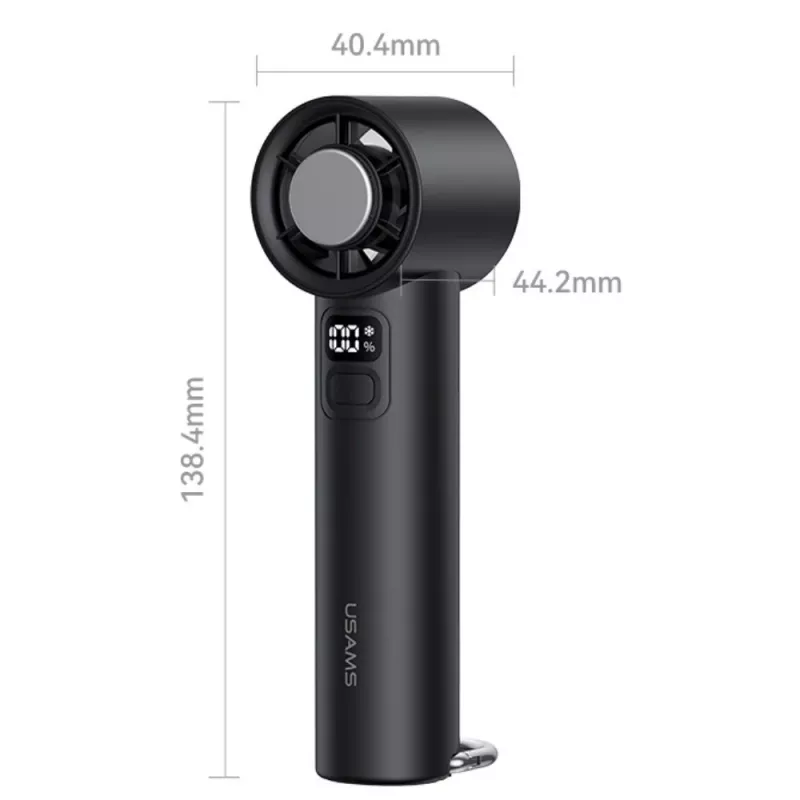 USAMS Ice-Cooling rokas ventilators 2000mAh melns - pārnēsājams pusvadītāju dzesēšanas ventilators ar USB-C, 3 ātrumiem, noņemamu pamatni