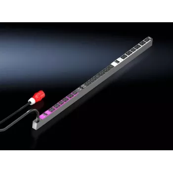 Rittal PDU Basic 7979137 - 3 fāžu 16A statīva strāvas sadales iekārta, 12x C13 un 3x C19 kontaktligzdas, 1U 19 inch statīva montāža, IEC 60309 ieeja, melna