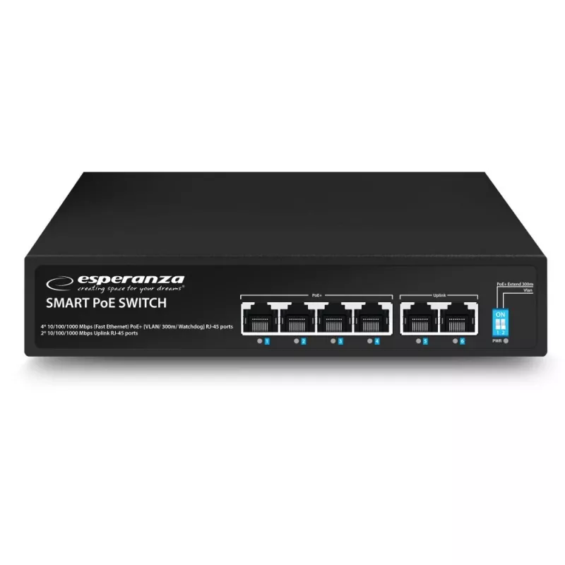 ESPERANZA 6-Port PoE+ Gigabit Switch 65W GOLIATH (4 PoE+ Porti, 2 Uplinki, 12 Gbps, Bezventilatora Metāla)
