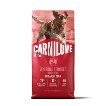 CARNILOVE ACTIVE sausā barība suņiem ar brieža gaļu, ziemeļbrieža gaļu un mežacūkas gaļu aktīviem pieaugušiem visu šķirņu suņiem 12 kg
