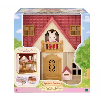 EPOCH Sylvanian Families Starter House - Red Roof Series leļļu māja ar Freya Chocolate Rabbit un 10 mēbelēm