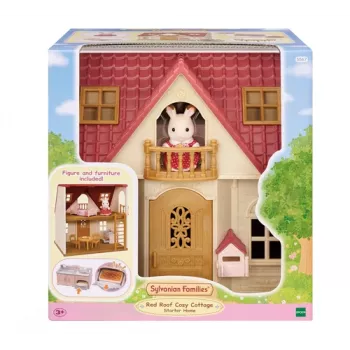 EPOCH Sylvanian Families Starter House - Red Roof Series leļļu māja ar Freya Chocolate Rabbit un 10 mēbelēm