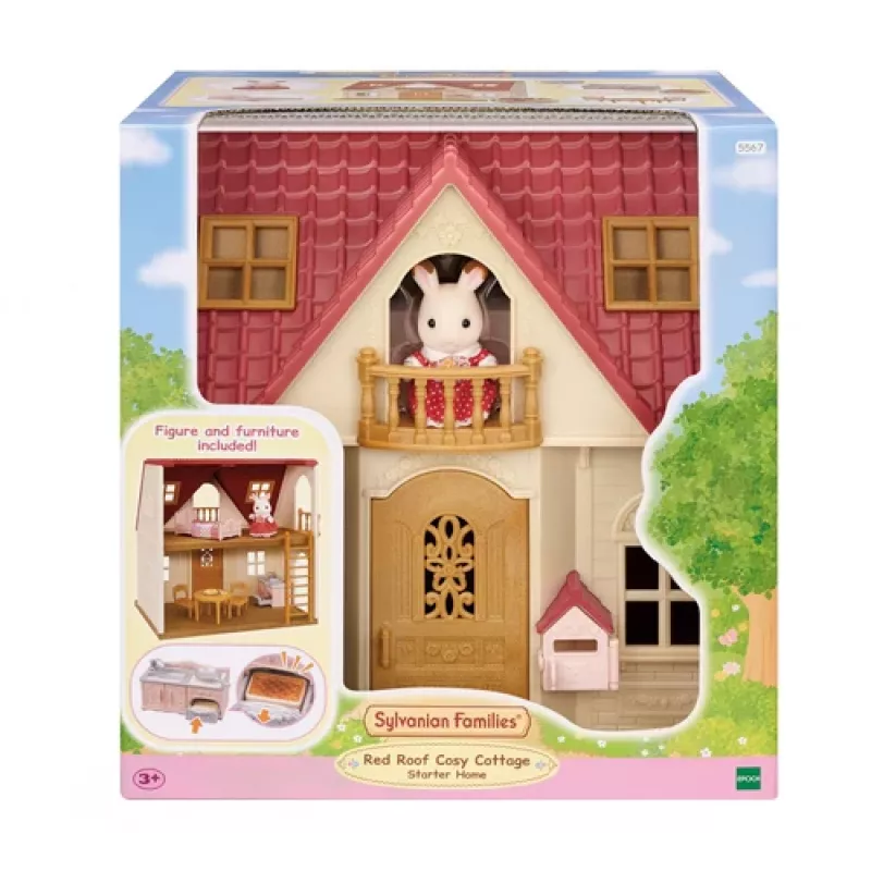 EPOCH Sylvanian Families Starter House - Red Roof Series leļļu māja ar Freya Chocolate Rabbit un 10 mēbelēm