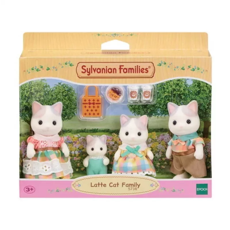 EPOCH Sylvanian Families Piena kaķu ģimene - 4 kolekcionējamas flokētas figūriņas (tēvs Cyrus, māte Stella, dēls Freddie, meita Millie) vecumam 3+