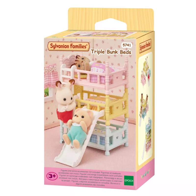 EPOCH Sylvanian Families trīspakāpju divstāvu gultas - leļļu mājas mēbeles, 3 līmeņi, balta ar rozā akcentiem, ietver kāpnes un 3 matračus, mazuļu figūriņām, vecumam no 3 gadiem
