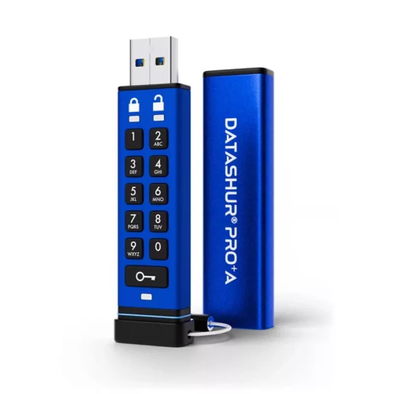 iStorage datAshur PRO+A 64GB USB-C zibatmiņa, AES 256 bitu XTS aparatūras šifrēšana, PIN autentifikācija, FIPS 140-2 3. līmenis, IP68 ūdens un putekļu izturīga, izturīgs alumīnijs, nulles pēdas nospiedums