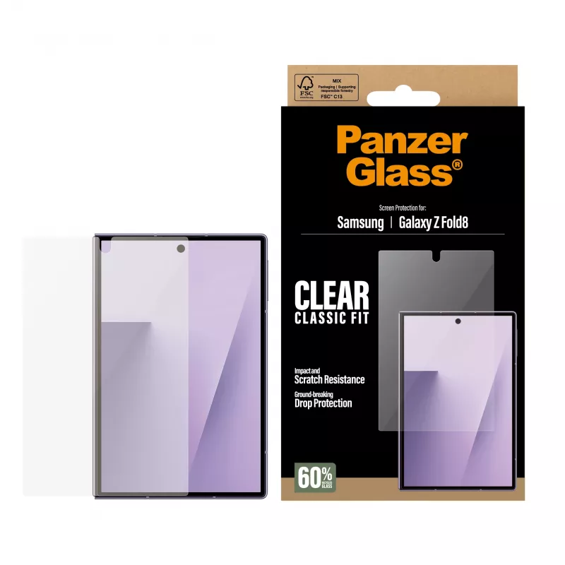 PanzerGlass ClassicFit ekrāna aizsargs Samsung Galaxy Z Fold8 – rūdīts stikls, 9H, antibakteriāls, saderīgs ar maciņu
