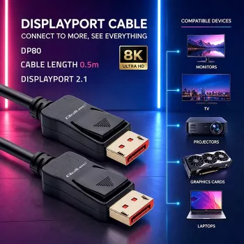 QOLTEC DisplayPort kabelis M/M v2.1 54G 0.5m