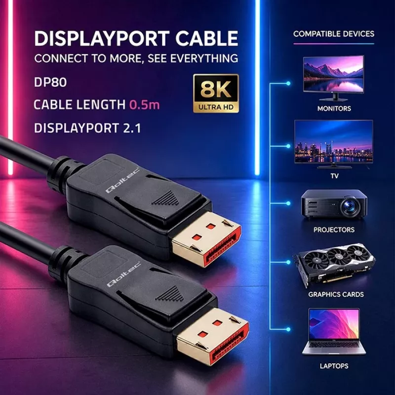 QOLTEC DisplayPort kabelis M/M v2.1 54G 0.5m