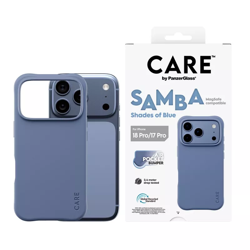 CARE by PanzerGlass Samba Case iPhone 17 Pro / 18 Pro – Shades of Blue, MagSafe, pārstrādāts TPU, pretmikrobu, 3.6m kritiena aizsardzība