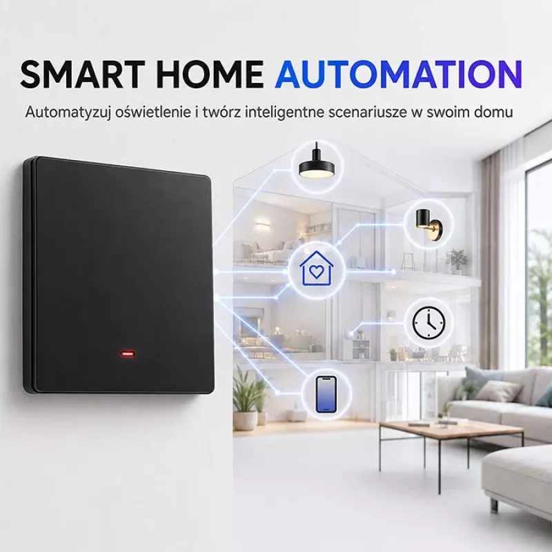 Qoltec 52722 viedais Wi-Fi gaismas slēdzis, 1 kanāls, skārienpanelis, taimeris, Tuya/Smart Life, melns