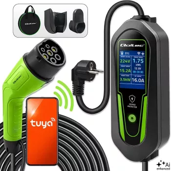 Qoltec pārnēsājamais EV lādētājs Type 2 uz Schuko 3.5kW 16A 5m kabelis ar Wi-Fi un LCD