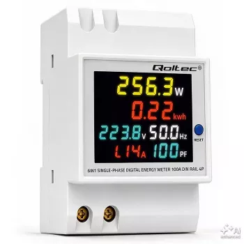 Qoltec vienfāzes 6-in-1 DIN sliedes enerģijas skaitītājs ar 100A CT, 230V, LCD, impulsa izeju