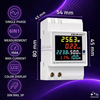 Qoltec vienfāzes 6-in-1 DIN sliedes enerģijas skaitītājs ar 100A CT, 230V, LCD, impulsa izeju