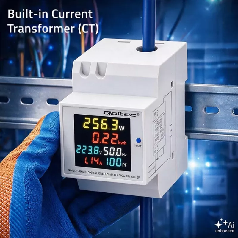 Qoltec vienfāzes 6-in-1 DIN sliedes enerģijas skaitītājs ar 100A CT, 230V, LCD, impulsa izeju