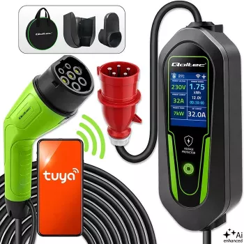 Qoltec Type 2 EV lādētājs ar regulējamu strāvu, 7 kW, 230 V, CEE 32 A, Wi-Fi, Tuya Smart Life, LCD, 5 m kabelis