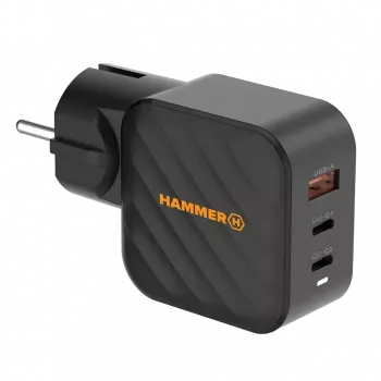 HAMMER RapidCharge 65W GaN sienas lādētājs - 2x USB-C PD, 1x USB-A QC, melns