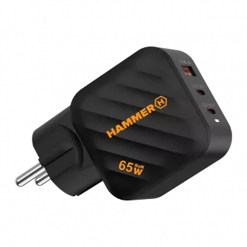 HAMMER RapidCharge 65W GaN sienas lādētājs - 2x USB-C PD, 1x USB-A QC, melns