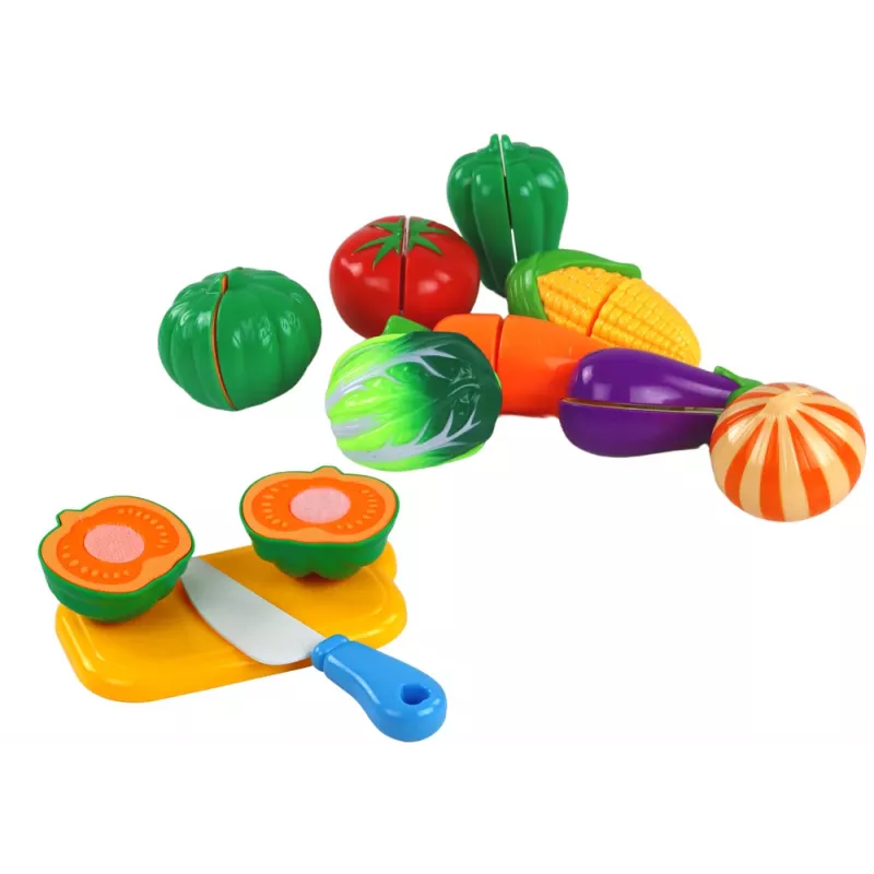 LEAN TOYS Velcro dārzeņi grozā – 8 daļu rotaļu ēdiena komplekts ar šķīvi un nazi