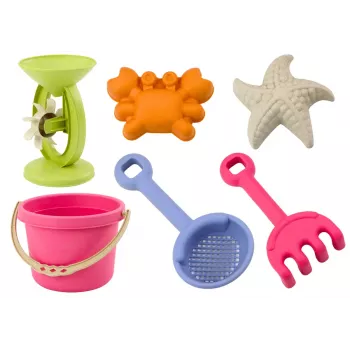 LEAN TOYS Smilšu rotaļlietu komplekts - spainītis, dzirnaviņas, sietiņš, 3 pasteļkrāsas veidnes (6 gab.)