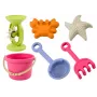 LEAN TOYS Smilšu rotaļlietu komplekts - spainītis, dzirnaviņas, sietiņš, 3 pasteļkrāsas veidnes (6 gab.)