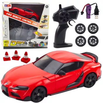 LEAN TOYS Drifta sporta automašīna ar maināmiem riteņiem, tālvadības RC 4WD sarkana, mērogs 1:10
