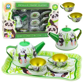 LEAN TOYS Panda Green Metāla Tējas Komplekts 14-Daļīgs | Bērnu Skārda Tējkanna, Krūzes, Apakštasītes, Šķīvji un Paplāte | Lomu Spēles Virtuves Rotaļlieta Bērniem no 3 Gadiem