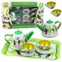 LEAN TOYS Panda Green Metāla Tējas Komplekts 14-Daļīgs | Bērnu Skārda Tējkanna, Krūzes, Apakštasītes, Šķīvji un Paplāte | Lomu Spēles Virtuves Rotaļlieta Bērniem no 3 Gadiem