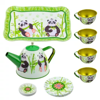 LEAN TOYS Panda Green Metāla Tējas Komplekts 14-Daļīgs | Bērnu Skārda Tējkanna, Krūzes, Apakštasītes, Šķīvji un Paplāte | Lomu Spēles Virtuves Rotaļlieta Bērniem no 3 Gadiem