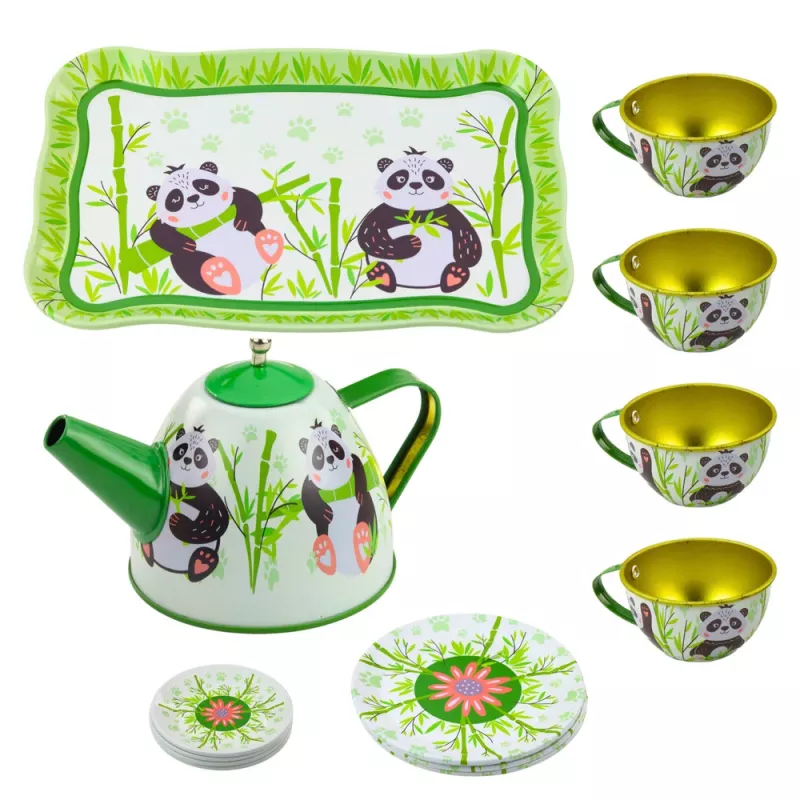 LEAN TOYS Panda Green Metāla Tējas Komplekts 14-Daļīgs | Bērnu Skārda Tējkanna, Krūzes, Apakštasītes, Šķīvji un Paplāte | Lomu Spēles Virtuves Rotaļlieta Bērniem no 3 Gadiem