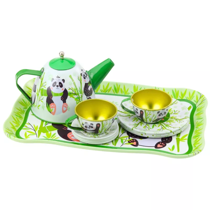 LEAN TOYS Panda Green Metāla Tējas Komplekts 14-Daļīgs | Bērnu Skārda Tējkanna, Krūzes, Apakštasītes, Šķīvji un Paplāte | Lomu Spēles Virtuves Rotaļlieta Bērniem no 3 Gadiem