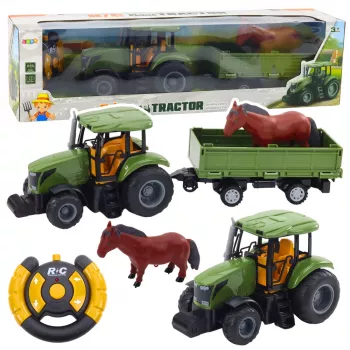 LEAN TOYS RC vadāmais traktors ar piekabi un zirga figūru - 2.4GHz, uzlādējams, zaļš/sarkans, vecumam no 3 gadiem