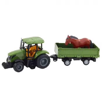 LEAN TOYS RC vadāmais traktors ar piekabi un zirga figūru - 2.4GHz, uzlādējams, zaļš/sarkans, vecumam no 3 gadiem