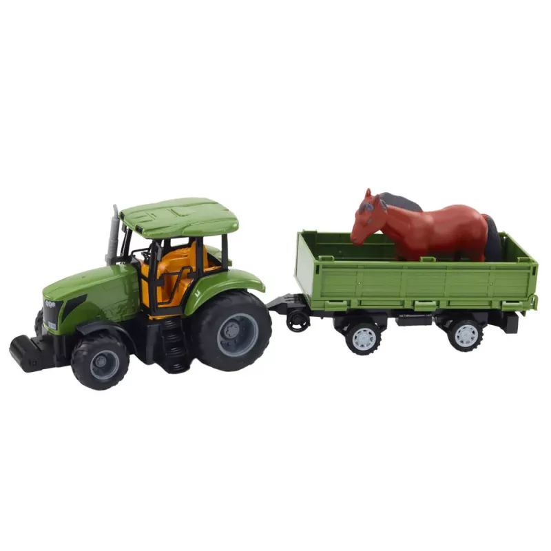 LEAN TOYS RC vadāmais traktors ar piekabi un zirga figūru - 2.4GHz, uzlādējams, zaļš/sarkans, vecumam no 3 gadiem