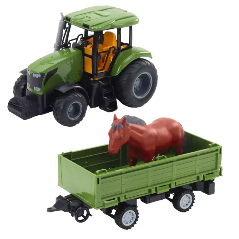 LEAN TOYS RC vadāmais traktors ar piekabi un zirga figūru - 2.4GHz, uzlādējams, zaļš/sarkans, vecumam no 3 gadiem
