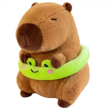 LEAN TOYS Plīša kapibara ar zaļu glābšanas riņķi un vardi, brūna, 20 cm