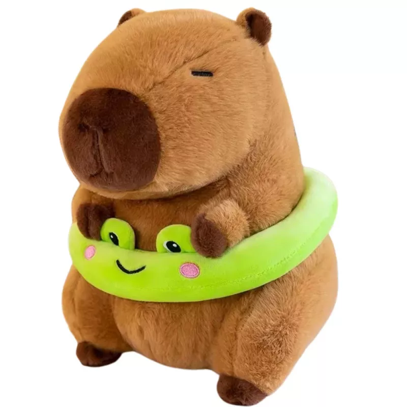 LEAN TOYS Plīša kapibara ar zaļu glābšanas riņķi un vardi, brūna, 20 cm