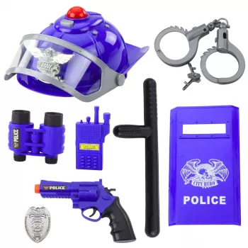 LEAN TOYS Policijas komplekts bērniem ar ķiveri, pistoli, roku dzelžiem un aksesuāriem, 9 gab.
