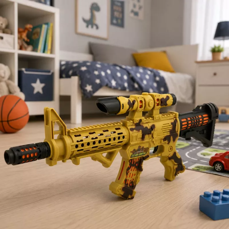 LEAN TOYS rotaļu šautene ar maskēšanās krāsojumu, tēmekli, kustīgu trokšņa slāpētāju, gaismas un skaņas efektiem, 54 cm