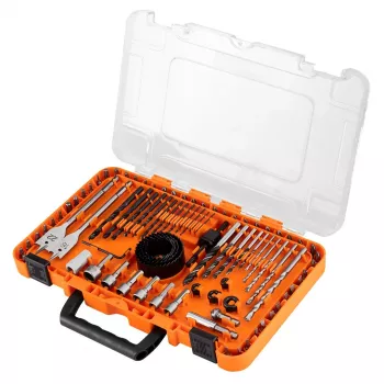 NEO TOOLS 90 daļu urbjmašīnu un skrūvgriežu uzgaļu komplekts ar uzgriežņu atslēgām un caurumu zāģiem