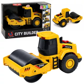 LEAN TOYS Ceļa veltnis Būvniecības transportlīdzeklis 1:32 Mērogs Rotējošs veltnis ar gaismām un skaņām Dzeltens