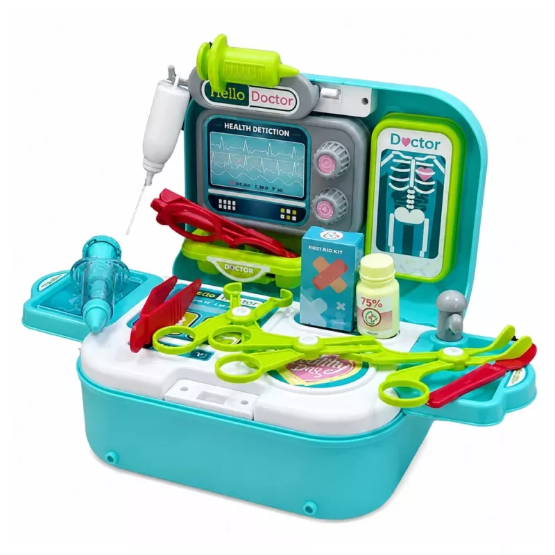 LEAN TOYS 2-in-1 medicīnas komplekts koferī, pārnēsājama ārsta kabinets, aksesuāri, zils