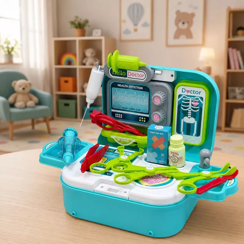LEAN TOYS 2-in-1 medicīnas komplekts koferī, pārnēsājama ārsta kabinets, aksesuāri, zils