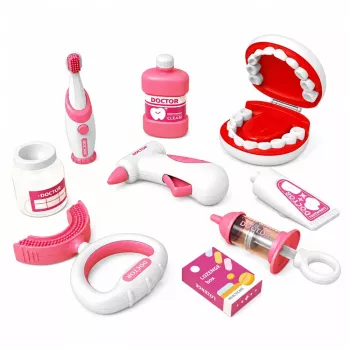 LEAN TOYS Mazā zobārsta komplekts ar vibrējošu zobu birsti, rozā, 15 gab.