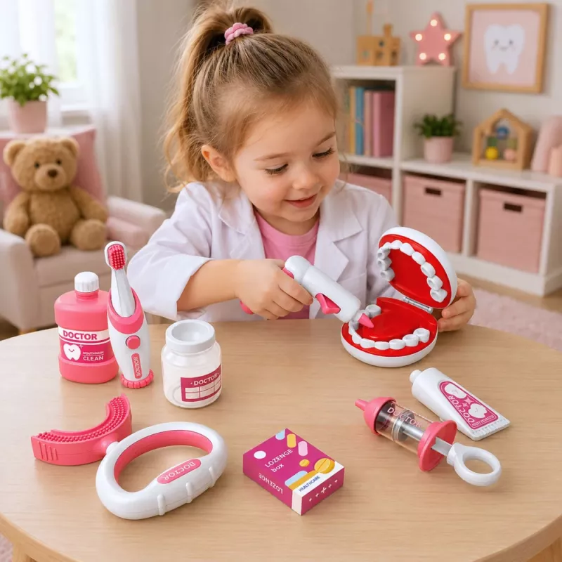 LEAN TOYS Mazā zobārsta komplekts ar vibrējošu zobu birsti, rozā, 15 gab.
