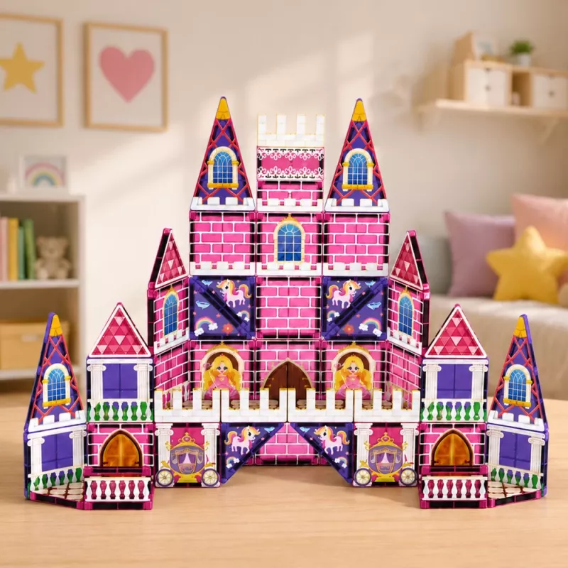 LEAN TOYS magnētiskie konstruktora bloki Princeses pils rozā 58 gab.