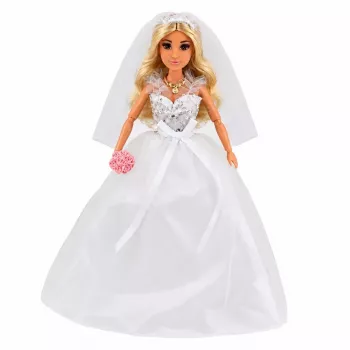 LEAN TOYS Anlily Līgavas lelle ar mirdzošu kāzu kleitu, plīvuru, pušķi, kūku, kurpēm, 29 cm