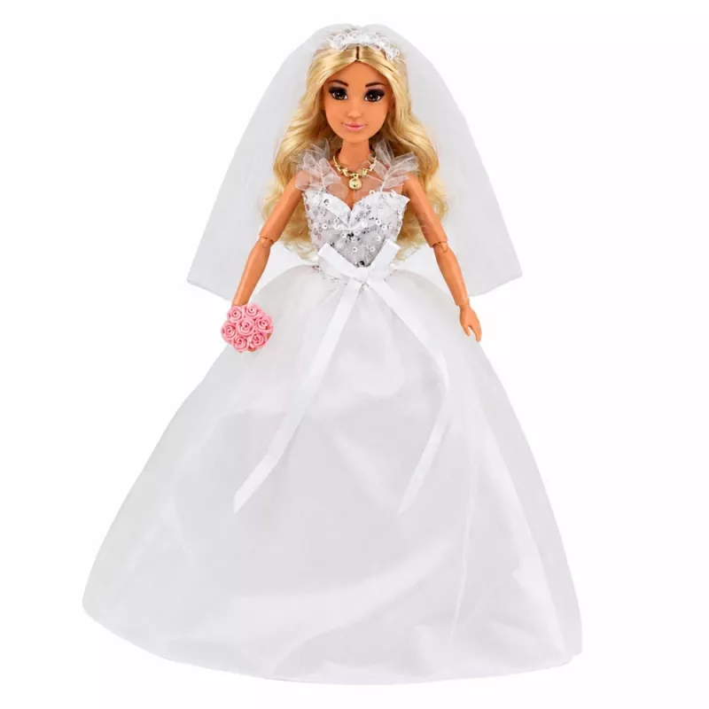 LEAN TOYS Anlily Līgavas lelle ar mirdzošu kāzu kleitu, plīvuru, pušķi, kūku, kurpēm, 29 cm