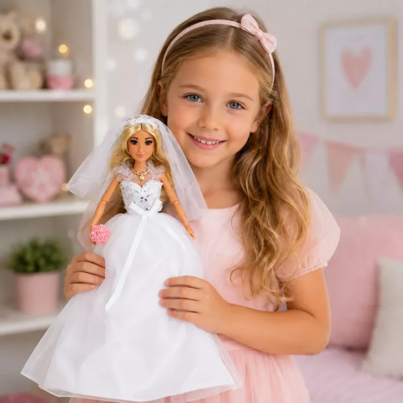 LEAN TOYS Anlily Līgavas lelle ar mirdzošu kāzu kleitu, plīvuru, pušķi, kūku, kurpēm, 29 cm