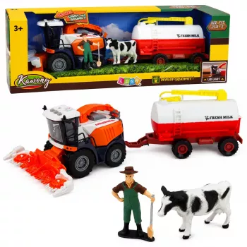 LEAN TOYS Kombains ar piena cisternu, zemnieka un govs figūrām, ar gaismu un skaņu, 4 daļu lauku sētas rotaļu komplekts